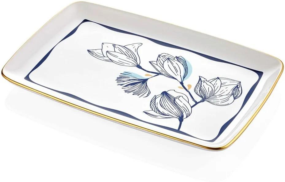 Farfurie din porțelan pentru servire cu model de flori albastre Mia Bleu, 34 x 25 cm, alb