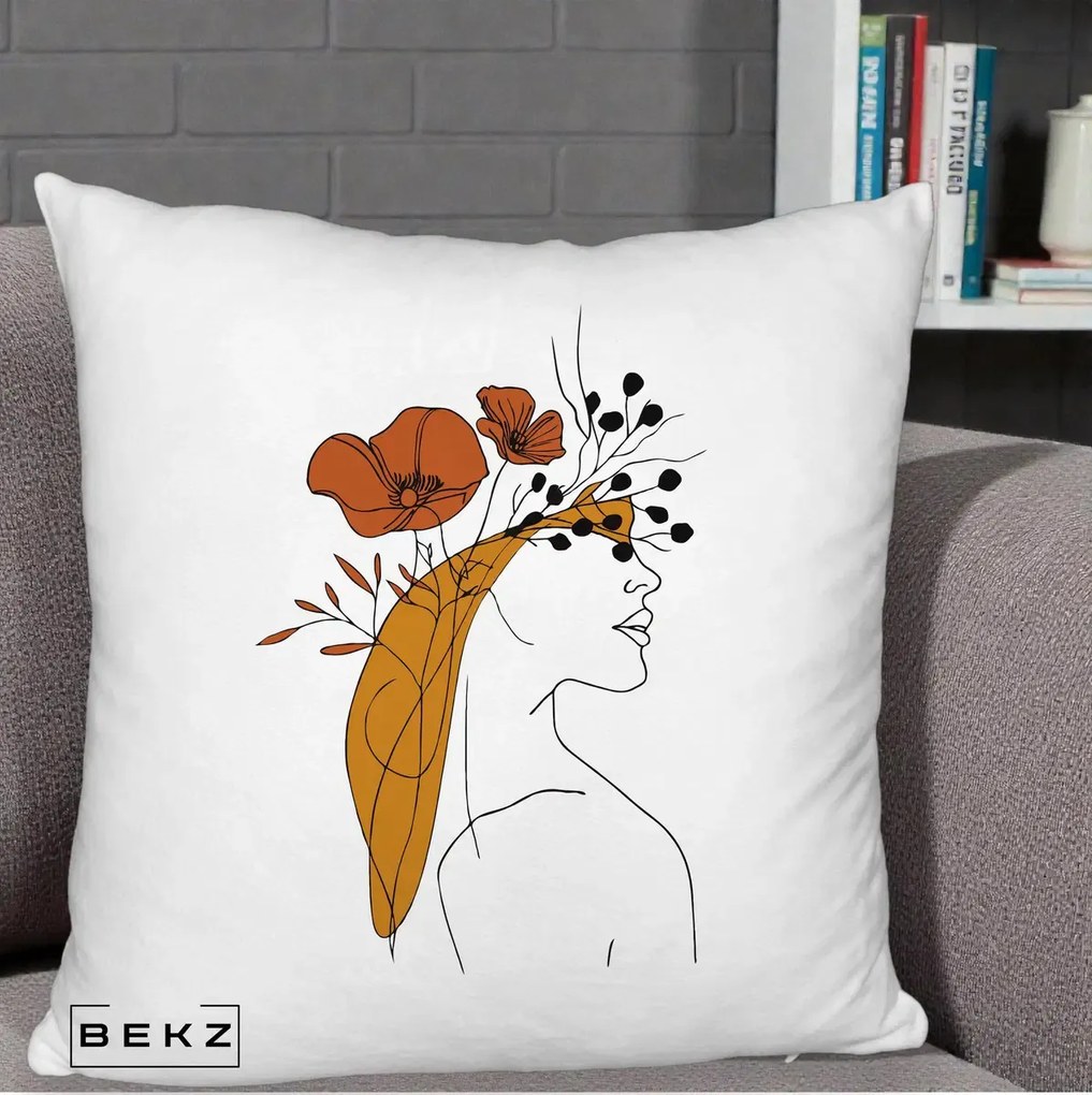 Perna Decorativa Portret Feminin Maci Rosii Auriu, 40x40 cm, Alb Pufos, Husa Detasabila, Perna Inclusa, BEKZ®