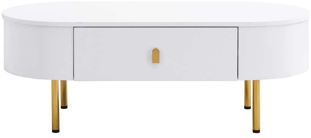 Masă de cafea cu 2 sertare, colțuri rotunjite, mânere și picioare aurii, 108x50x40 cm, Alb