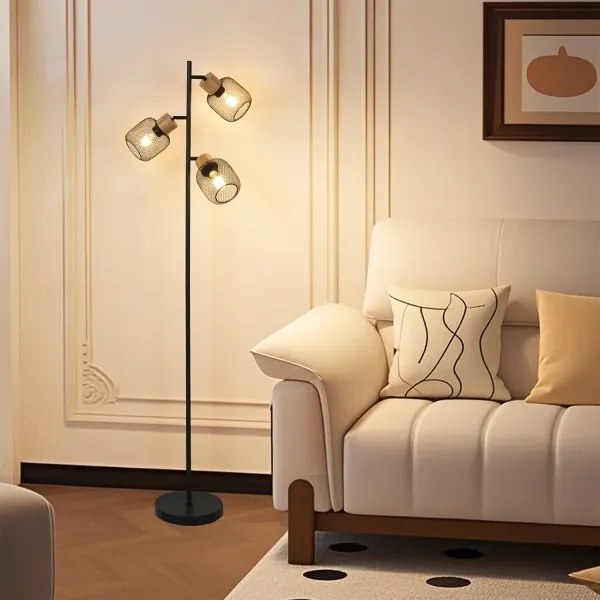 Brilagi - Lampă de podea BASKLITE 3xE27/15W/230V lemn de cauciuc/negru