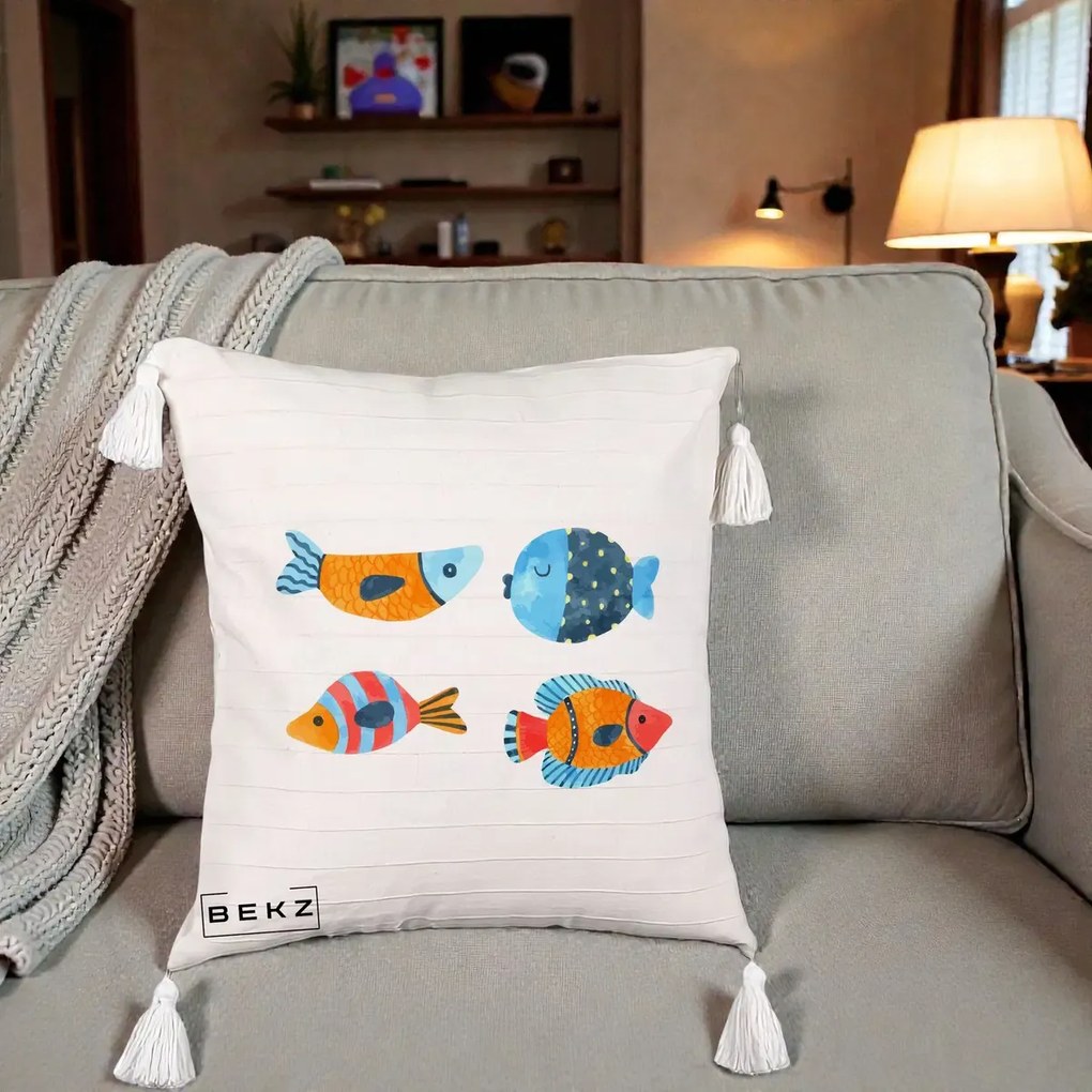 Perna Decorativa Pesti Acuarela, 40x40 cm, Bej cu Franjuri, Husa Detasabila, Perna Inclusa, BEKZ®
