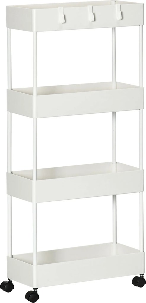 HOMCOM Cărucior Bucătărie Multifuncțional cu 4 Polițe și 3 Cârlige, Oțel și Plastic, 40x19x90 cm, Alb | Aosom Romania