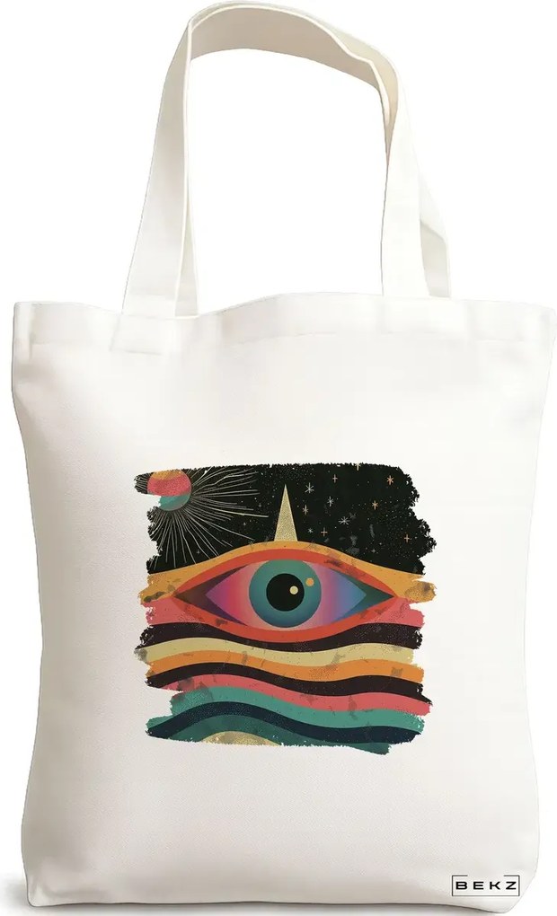 Sacosa de Panza pentru Cumparaturi, Geanta Tote, model Celestial Eye 16, 38x34.5 cm, Alba, BEKZ®