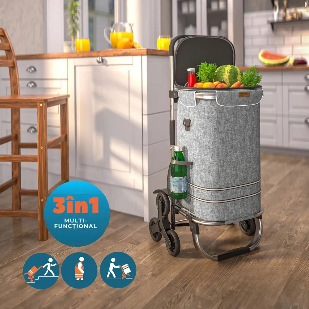 Geantă de cumpărături pe roți pentru scări COMFORT, 50L, gri Jurhan