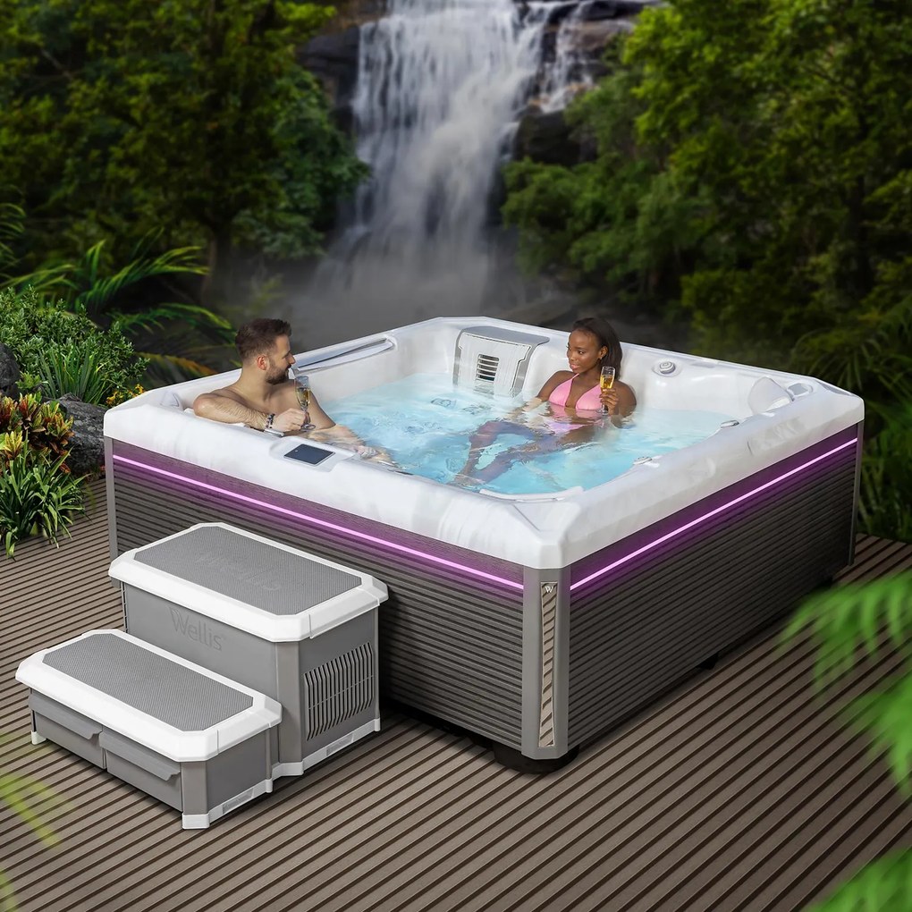 Minipiscina jacuzzi 6 persoane, alb-lucios, 43 jeturi, WiFi, sistem audio, In-Line WIS, Gecko IN.YE-3, scara SMART-IN STEP PEAKLIFE Wellis Atlas Life