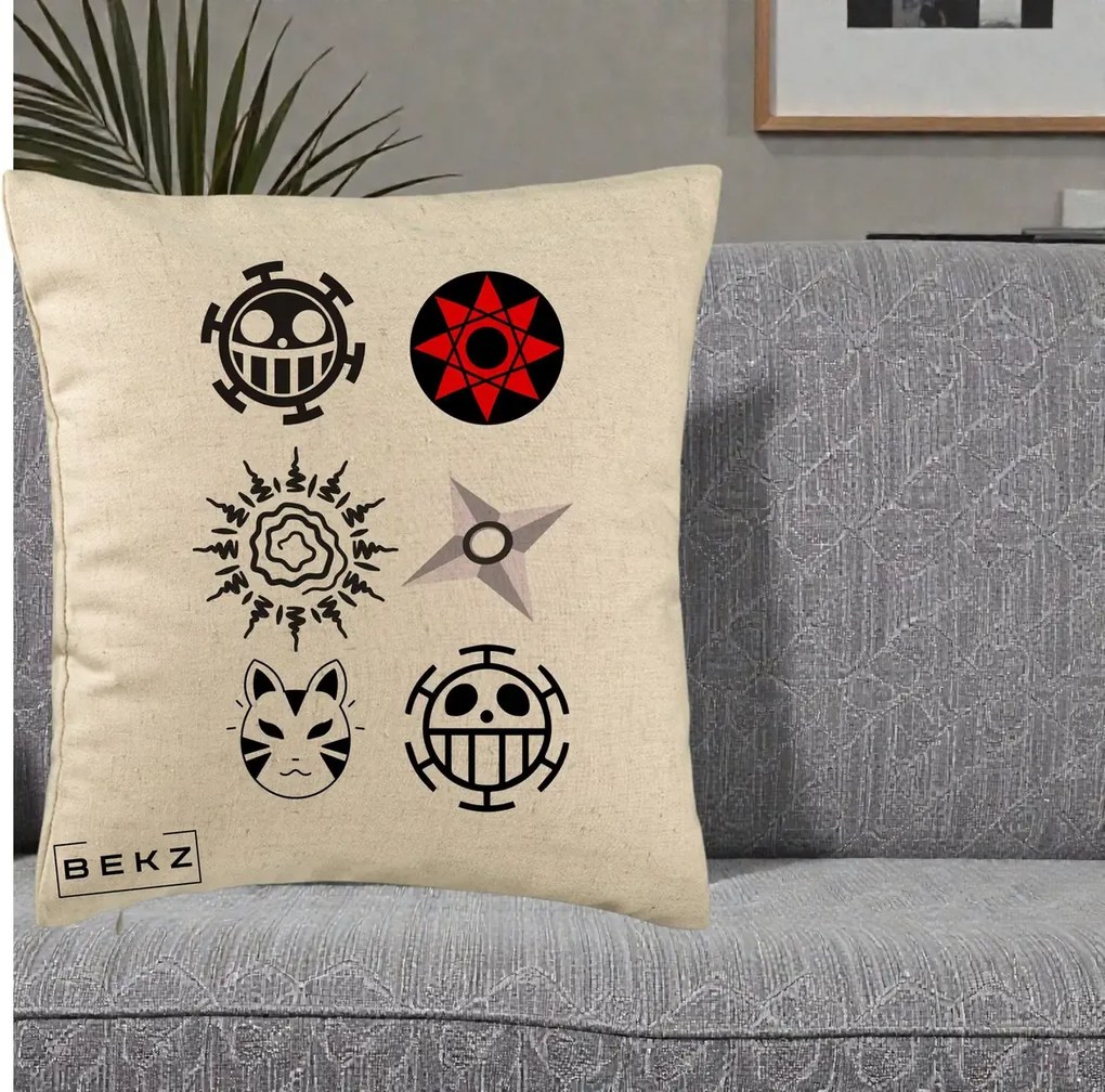 Perna Personalizata Simboluri Anime Mix - Naruto One Piece, 40x40 cm, Bej, Husa Detasabila, Perna Inclusa, BEKZ®