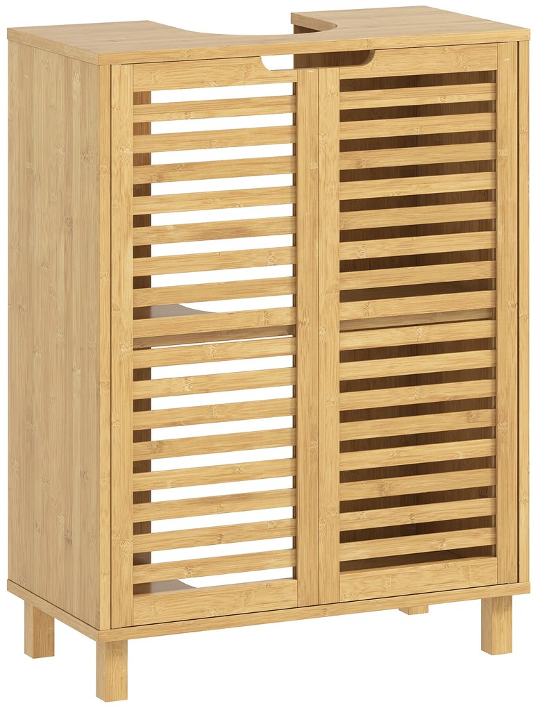 HOMCOM Dulap Sub Lavoar din Bambus cu 2 Uși cu Lamele, Poliță Reglabilă pentru Lavoare cu sau fără Stativ, Natural | Aosom Romania