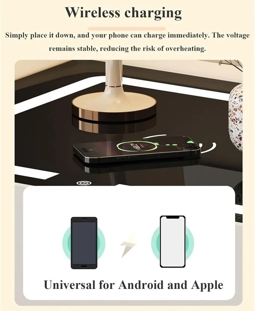 Noptieră inteligentă multifuncțională, sertar tip seif cu blocare cu parolă, încărcare Wireless, difuzor Bluetooth, iluminare LED touch în 3 culori, Gri