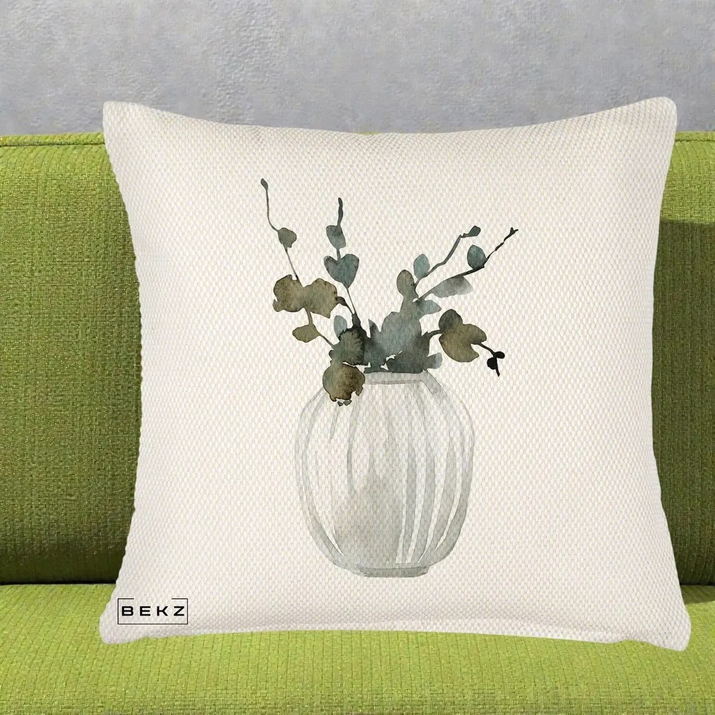 Perna Decorativa Vaza cu Eucalipt Watercolor, 40x40 cm, Crem Reliefat, Husa Detasabila, Perna Inclusa, BEKZ®