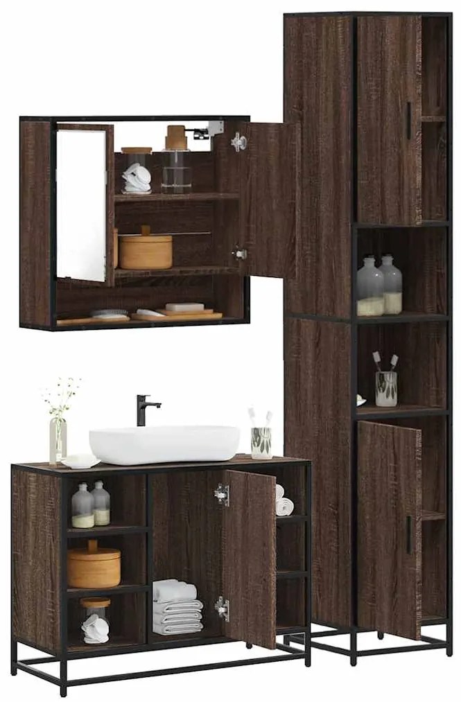 vidaXL Set mobilier de baie, 3 piese, stejar maro, lemn prelucrat