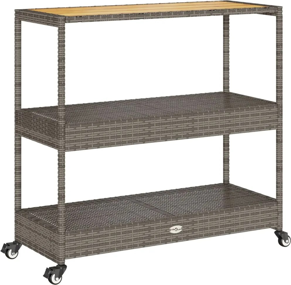 vidaXL Cărucior de bar, 3 niveluri, gri, poliratan, lemn masiv acacia