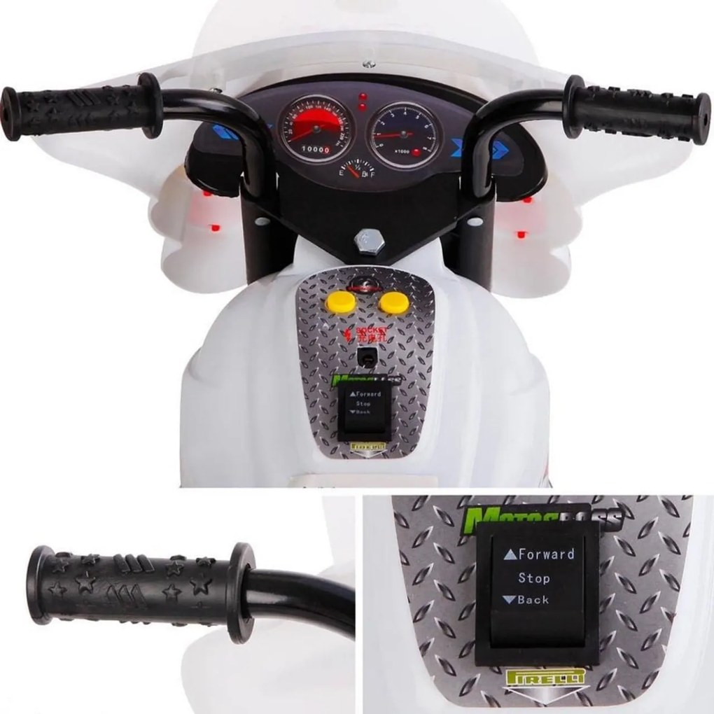 Motocicleta Electrica cu Acumulator Pentru Copii LENA BABY® , cu muzica si lumini,3 roti, MERS CU SPATELE, Alb