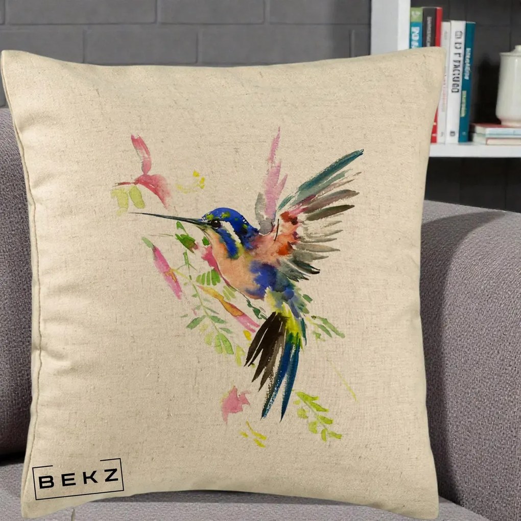 Perna Decorativa Colibri Acuarela, 40x40 cm, Bej, Husa Detasabila, Perna Inclusa, BEKZ®