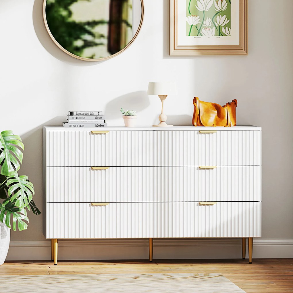 HOMCOM Comodă 6 sertare comodă cameră mobilier de depozitare modernă cu mânere și picioare aurii, 120 x 40 x 76,5 cm, alb | Aosom Romania