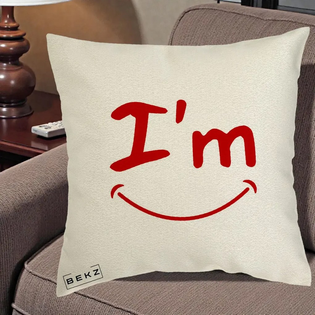 Perna Decorativa I'm Happy Smile, 40x40 cm, Ecru, Husa Detasabila, Perna Inclusa, BEKZ®
