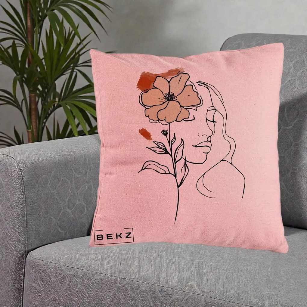Perna Decorativa Portret Feminin Floare Bej Terracotta, 40x40 cm, Roz, Husa Detasabila, Perna Inclusa, BEKZ®