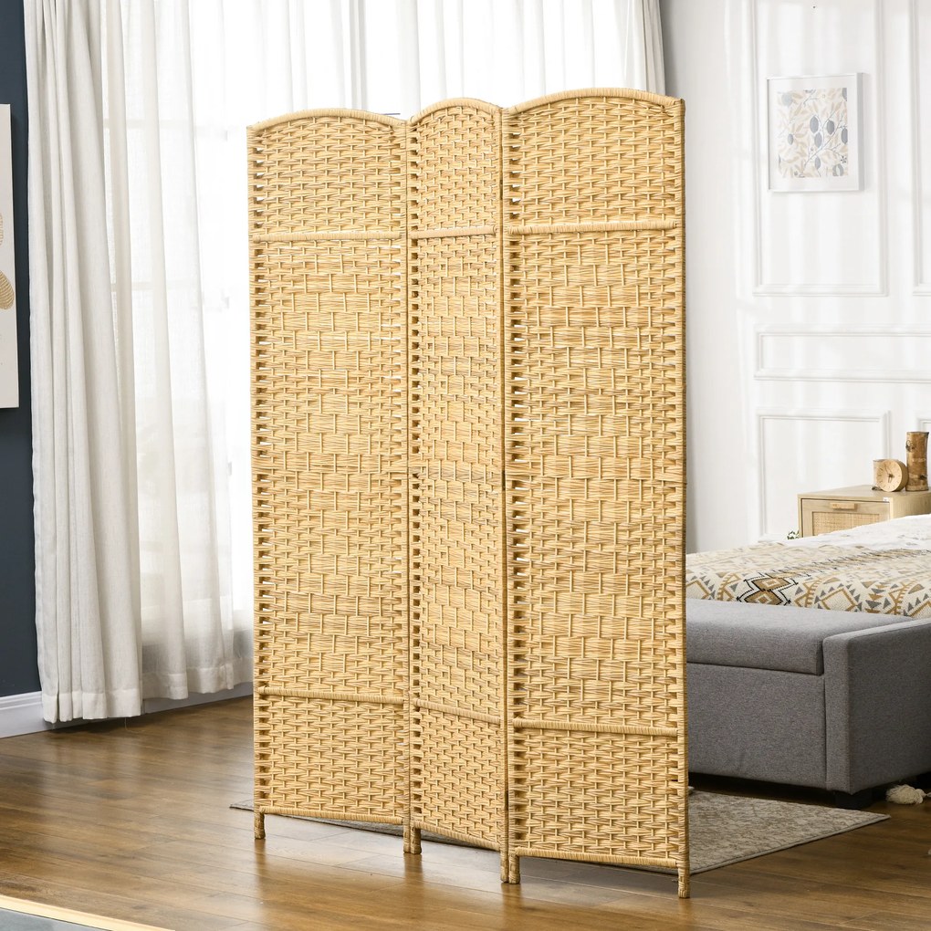 HOMCOM Paravan Interior Pliabil cu 3 Panouri Împletit din PP și Lemn de Pin, 135x1,7x180 cm, Lemn Natural | Aosom Romania
