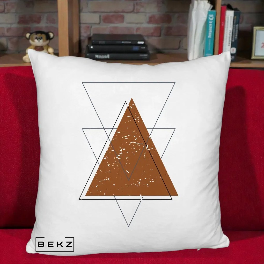 Perna Decorativa Geometric Triunghiuri Sacred, 40x40 cm, Alb Pufos, Husa Detasabila, Perna Inclusa, BEKZ®
