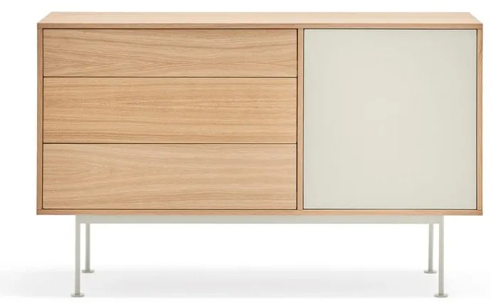 Comodă cu aspect de lemn de stejar Teulat Yoko, lățime 128 cm, alb-crem