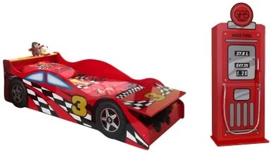 Set Cameră Auto pentru Copii: Pat Junior Mașină de Curse 70x140 cm și Dulap Benzinărie, Roșu (MDF) – Vipack