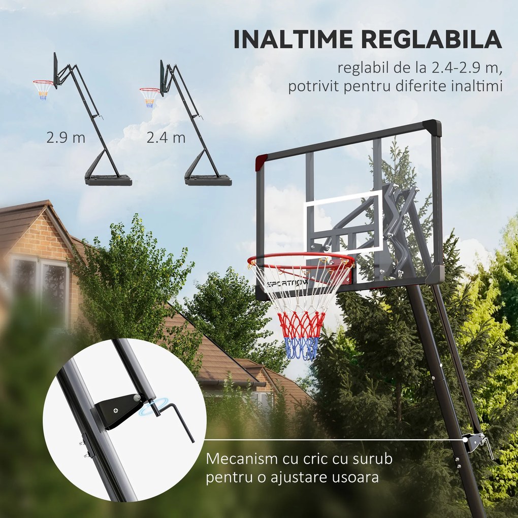 SPORTNOW Cos si suport de baschet reglabil pe inaltime cu panou robust si baza ponderata, portabil pe roti, 2,4-2,9 m | Aosom Romania