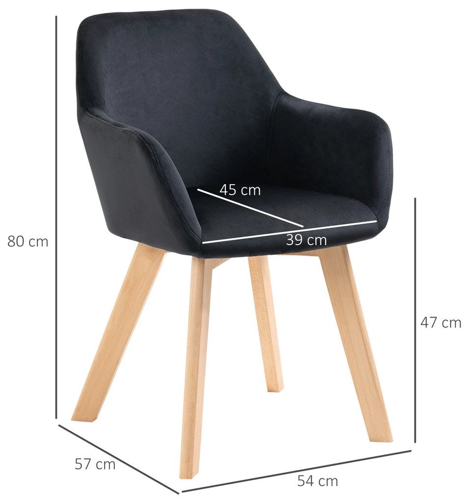 HOMCOM Scaune de Masă, Set de 2, Design Modern, Design de Catifea, Lemn de Cauțiuc, 54x57x80 cm, Negru | Aosom Romania