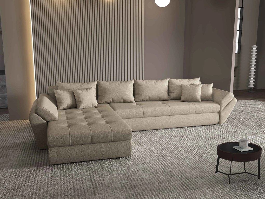 Colțar extensibil dumonde cu ladă de depozitare si sezut confortabil din spuma high-density, Loana XL Enjoy Camel 335x185 cm