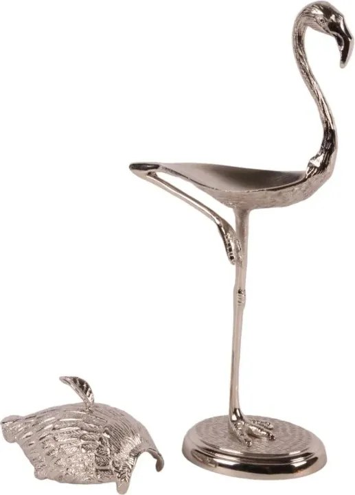Cutie decorativă din alamă, argintie, în formă de flamingo, cu compartiment secret, finisaj nichelat, 29 x 15 x 7 cm, „Flamenco”