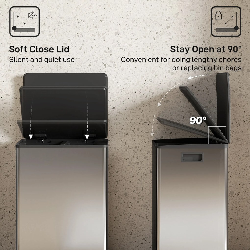 HOMCOM Coș de gunoi dublu cu pedală, 2 găleți de 30L și capac amortizat, gri | Aosom Romania