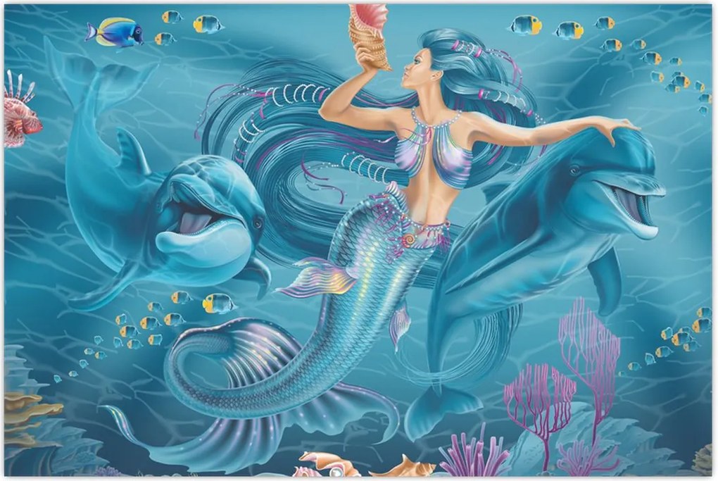 Tablou - Sirenă cu delfini (90x60 cm)