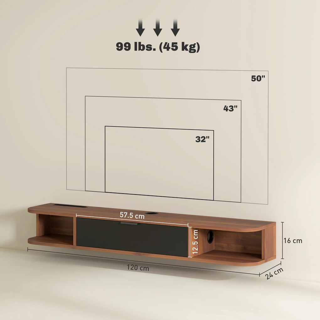 HOMCOM Mobilier TV Suspendat, Suport TV Până la 50" cu Sertar Rabatabil, 2 Rafturi Deschise și Orificiu pentru Cabluri, Mobilier pentru Televizor pentru Sufragerie, Dormitor și Sală de Stat, 120x24x16 cm, Nuc | Aosom Romania