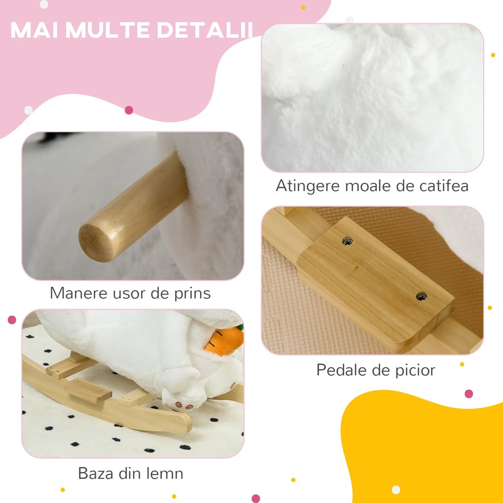 HOMCOM Calut Balansoar Iepure pentru Copii, Scaun de Pluș cu Ham de Siguranță, Alb, 60x33x50cm | Aosom Romania