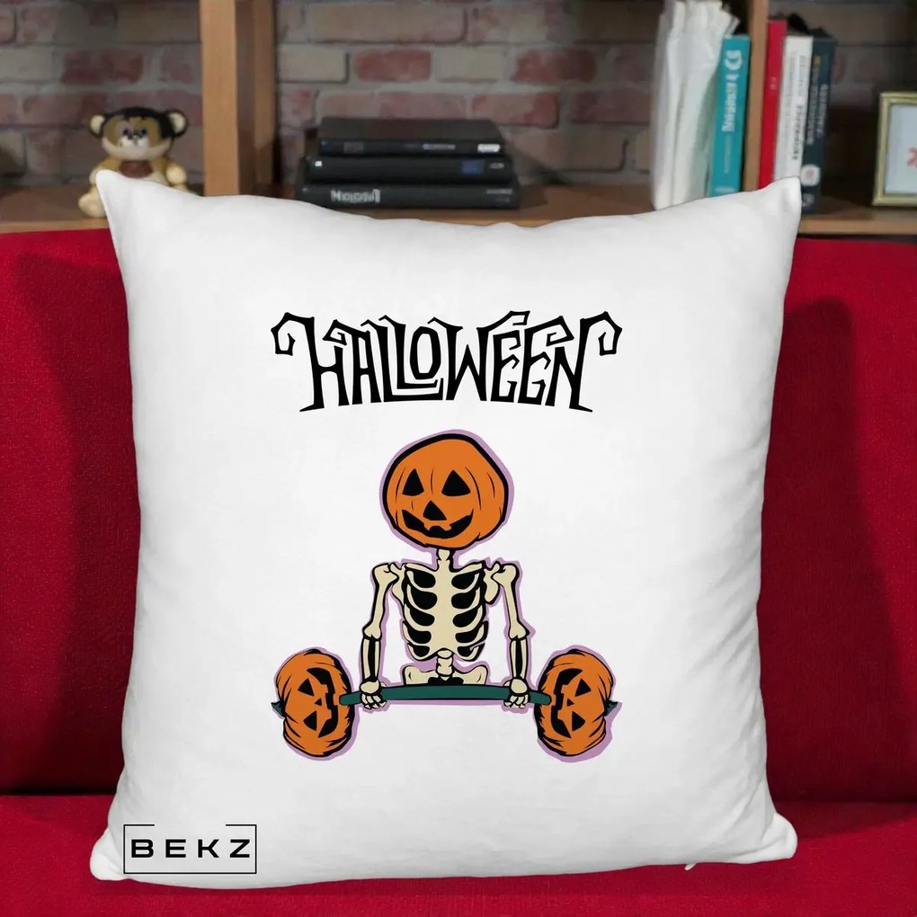 Perna Decorativa Halloween Schelet cu Cap de Dovleac Powerlifting, 40x40 cm, Alb Pufos, Husa Detasabila, Perna Inclusa, BEKZ®