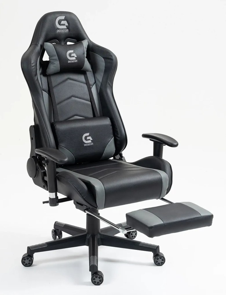 RESIGILAT- Scaun gaming cu masaj în perna lombară, suport picioare, piele PU, Negru/Gri