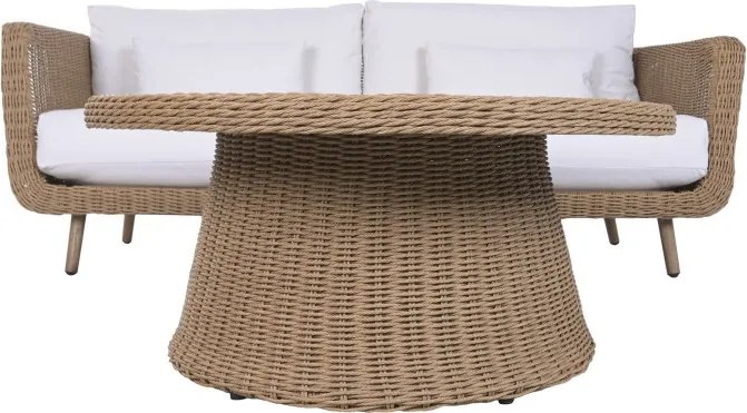 Set lounge exterior din rattan sintetic și structură din aluminiu cu canapea, 2 fotolii, masă și perne, finisaj natural, „Malibu”