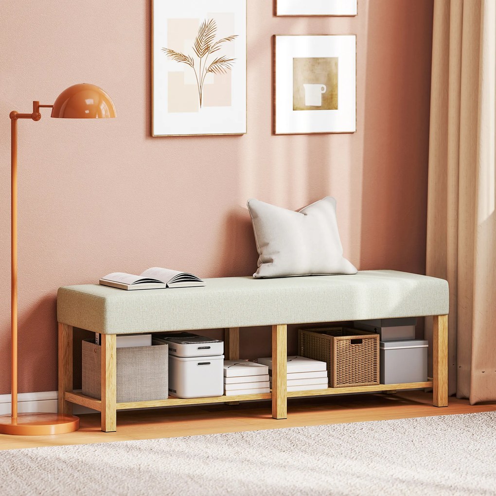 HOMCOM Bancă pentru pantofi din lemn masiv de 140 cm, bancă modernă de hol cu șezut tapițat pentru două persoane, lemn natural și Alb-crem | Aosom Romania