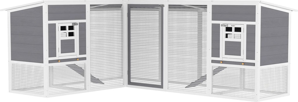 PawHut Cotet pentru găini casă din lemn în formă de L cu 2 case, 2 niveluri, zonă de alergare, rampă, 251 x 192 x 103 cm Gri | Aosom Romania