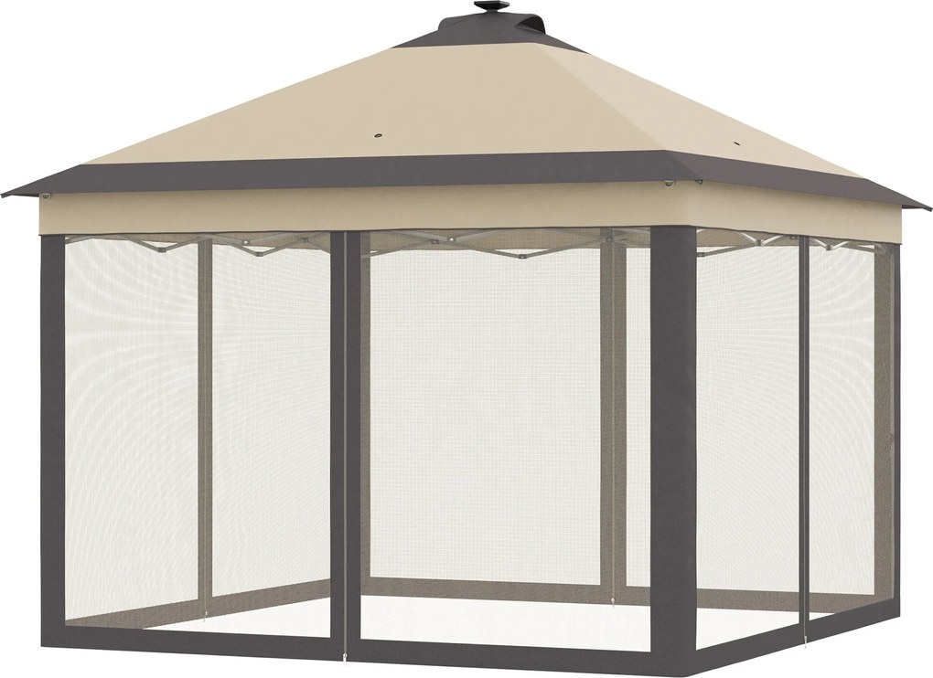 Outsunny Cort pliabil cu lumini LED 330x330 cm Pavilion de grădină cu telecomandă cu 4 plase anti-țânțari Înălțime reglabilă Bej | Aosom Romania