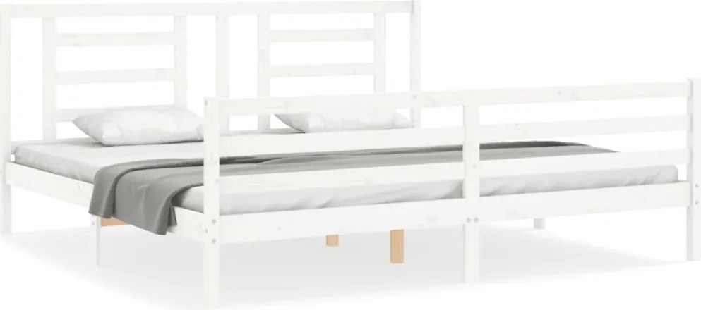 vidaXL Cadru de pat cu tăblie Super King Size, alb, lemn masiv