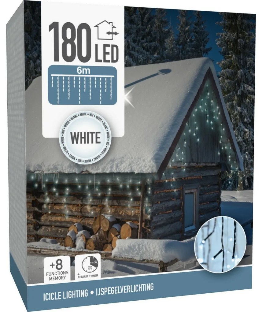 Lanț de exterior Țurțuri 6 m, 180 LED, alb rece,temporizator, IP44, 6 m