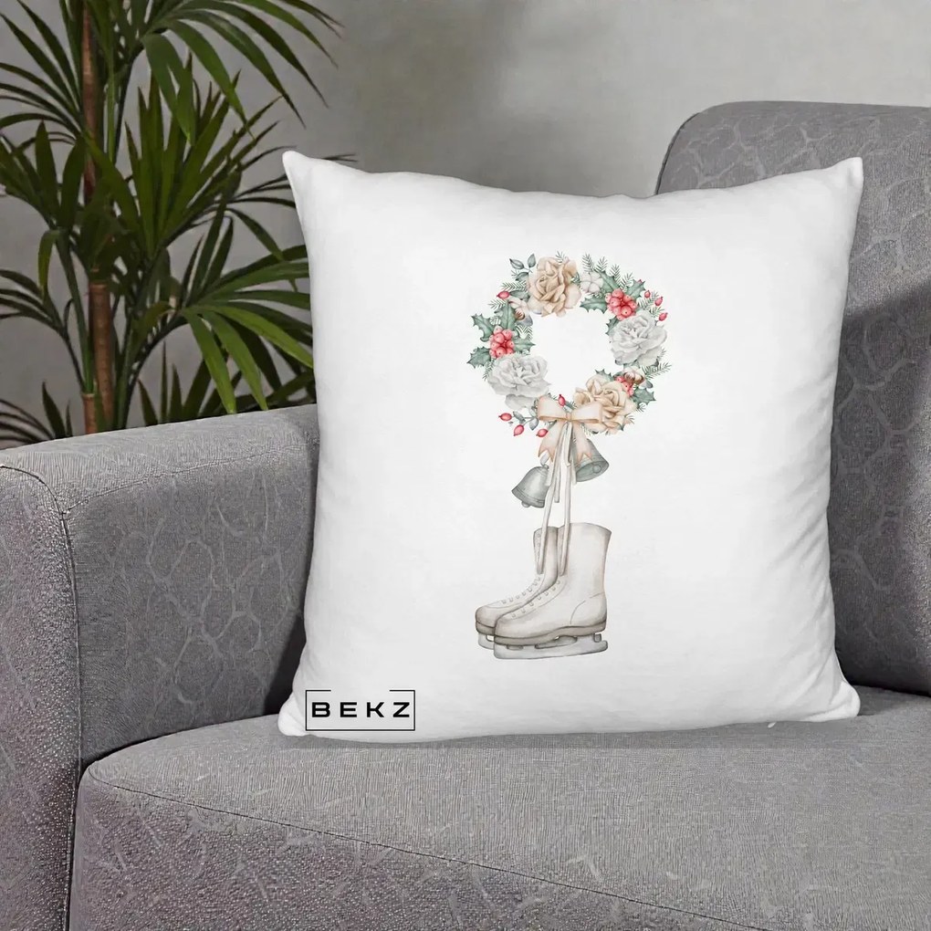 Perna Decorativa Patine cu Coroana Florala de Craciun, 40x40 cm, Alb Pufos, Husa Detasabila, Perna Inclusa, BEKZ®