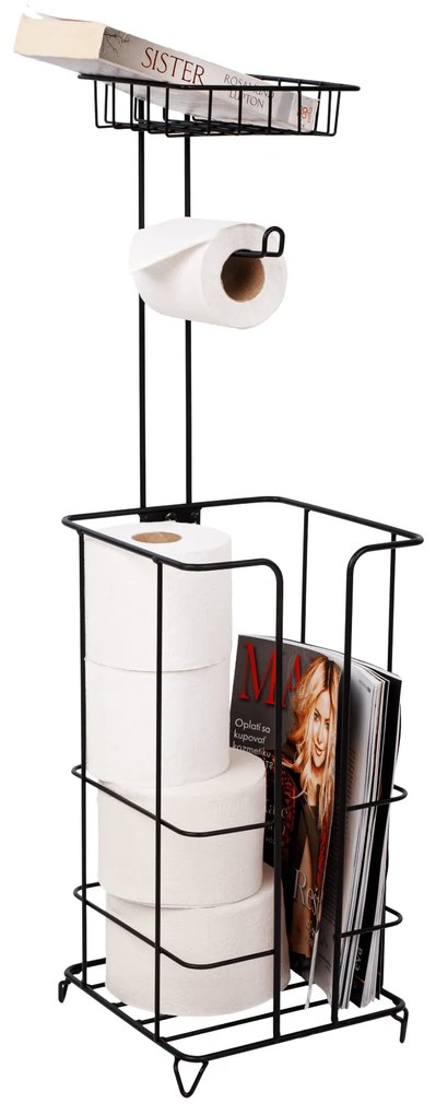 Suport hârtie igienică cu raft, metal/negru, MERDO