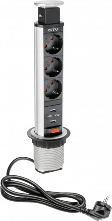 Priză încorporabilă în blat Elevator GTV, 3 prize Schuko, 2 x USB A, aluminiu, D:60 mm Aluminiu/ plastic, Aluminiu, D:60 mm