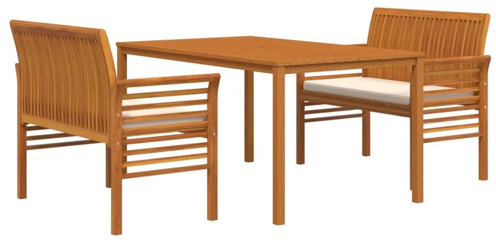Set mobilier de exterior cu perne, 3 piese, lemn masiv acacia 2x banca + masa, Crem, 1