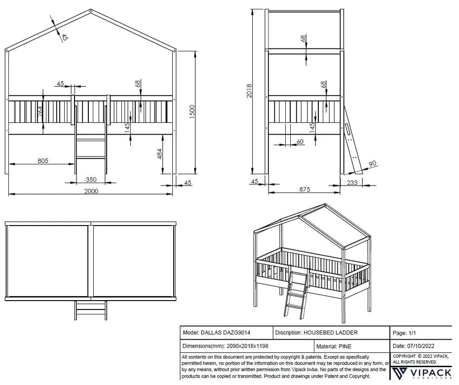 Pat pentru copii alb de tip casă/înalt din lemn masiv de pin 90x200 cm DALLAS – Vipack