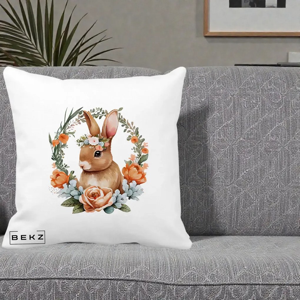 Perna Decorativa Iepuras Floral Coronita Acuarela, 40x40 cm, Alba Mata, Husa Detasabila, Perna Inclusa, BEKZ®