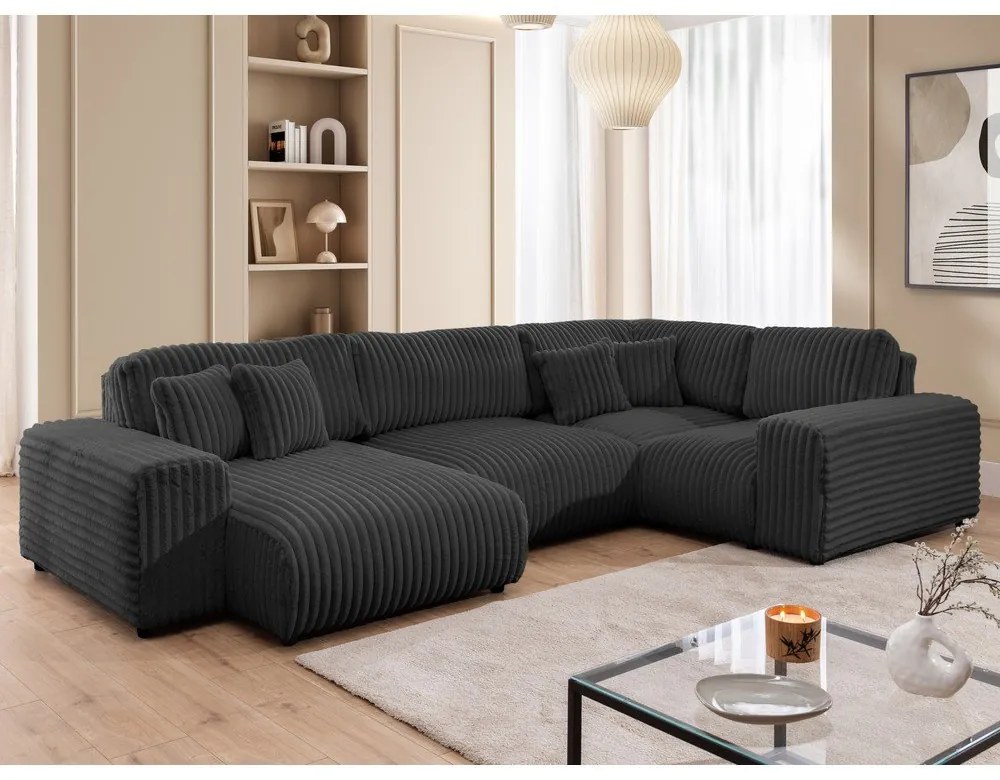 Colțar gri închis cu tapițerie din catifea reiată (cu colț pe partea dreaptă/în formă de "U") Justin – Ropez