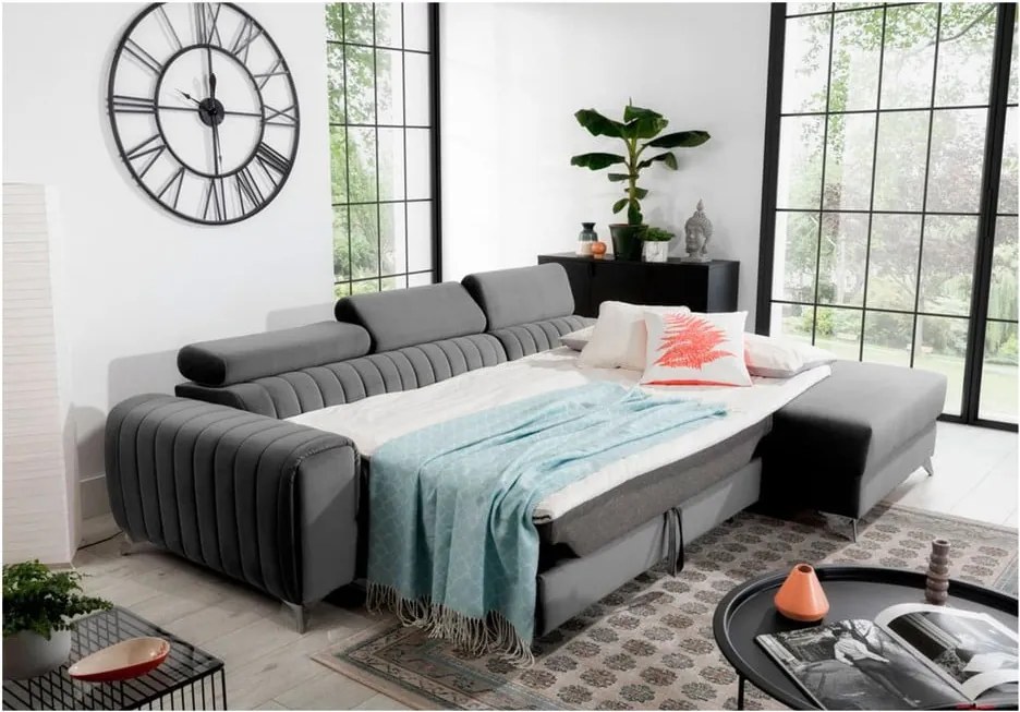 Colțar gri extensibil/cu spațiu de depozitare cu tapițerie din catifea (cu colț pe partea dreaptă/cu șezlong) Grayson – ELTAP