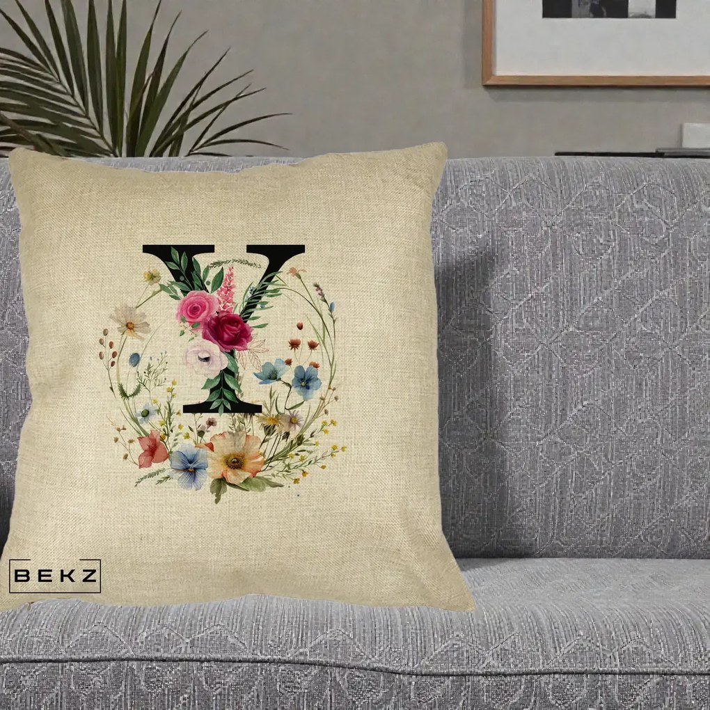Cadou Personalizat - Perna Personalizata Monograma Florala Litera Y cu Coroana, 40x40 cm, Crem, Husa Detasabila, Perna Inclusa, BEKZ®