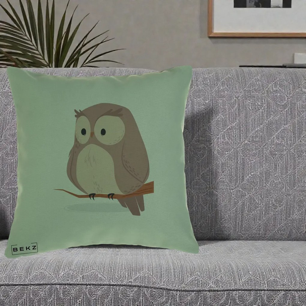 Perna Decorativa Bufnita Kawaii pe Creanga, 40x40 cm, Verde, Husa Detasabila, Perna Inclusa, BEKZ®